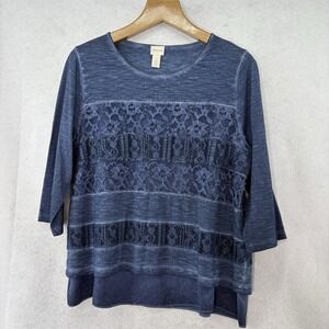 Chico's Women's Sz 2(L) Blue Distressed Mixed Lace Overlay Lined 3/4 Sleeve Top